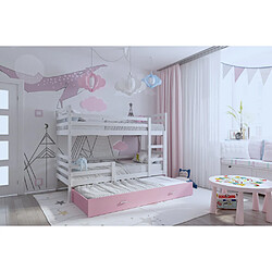 Kids Literie Lit Superposé 3 Places Milo 90x190 Blanc - rose Livré avec sommiers, tiroir et matelas en mousse de 7cm