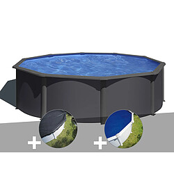 Kit piscine acier gris anthracite Gré Louko ronde 3,70 x 1,22 m + Bâche d'hivernage + Bâche à bulles