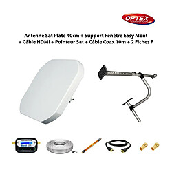 Optex Antenne Sat Plate 40cm + Support Fenêtre Easy Mont + Câble Passe Fenêtre + Câble HDMI + Pointeur Sat + Câble Coax 10m + 2 Fiches F