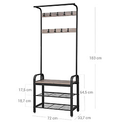 Helloshop26 Portemanteau vestiaire meuble d’entrée avec crochets amovible banc et étagère à chaussures hauteur 183 cm cadre en métal style industriel couleur grège et noir 12_0003649