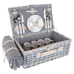 Decoshop26 Panier pique-nique noir et blanc en osier pour 4 personnes avec couvert assiettes verres DIV04016