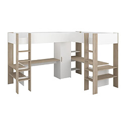 Avis Vente-Unique Double lit mezzanine d'angle 2 x 90 x 200 cm - Avec rangements et bureaux - Blanc et naturel - LASCANO