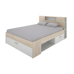 Avis Vente-Unique Lit avec tête de lit rangements et tiroirs - 140 x 190 cm - Coloris : Naturel et blanc + Sommier + Matelas - LEANDRE