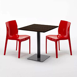 Avis Grand Soleil Table carrée 60x60 pied noir et plateau bois avec 2 chaises colorées Ice Kiss - Rouge