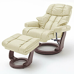 Inside 75 Fauteuil relax CLAIRAC XL assise en cuir crème pied en bois couleur noyer avec repose pied