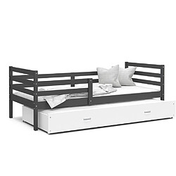 Kids Literie Lit Gigogne Milo 90x190 Gris - blanc Livré avec sommiers, tiroir et matelas en mousse de 7cm