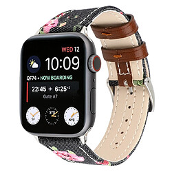 Wewoo Bracelet en cuir véritable avec Motif fleurs denim pour Apple Watch séries 5 et 4 40 mm / 3 et 2 et 1 38 mm Noir