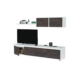 Alter Meuble TV de salon avec quatre portes, avec élément mural et étagère, marron foncé et blanc brillant, dimensions du meuble TV 200 x 43 x 41 cm Élément mural 105 x 35 x 29 cm Etagère 95 x 3 x 21 cm