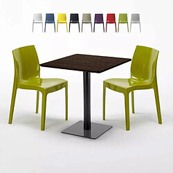 Grand Soleil Table carrée 60x60 pied noir et plateau bois avec 2 chaises colorées Ice Kiss - Vert