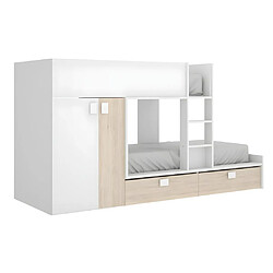 Avis Vente-Unique Lits Superposés 2 x 90 x 190 cm - Armoire intégrée - Blanc et naturel + matelas - JUANITO