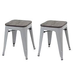 Decoshop26 Lot de 2 tabourets bas assise en bois empilable en métal design industriel en métal gris 04_0000500