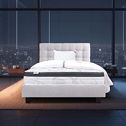 LUXURY LITERIE Ensemble Matelas Sleeplux, 26 cm, mousses haute densité, ferme, face été/hiver+sommier gris ep20cm+oreiller+couette+Tête de Lit, 90x190cm