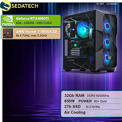 Sedatech PC Gamer ATX Premium • AMD Ryzen 7 9800X3D • RTX4060Ti • 32Go DDR5 • 2To SSD M.2 • sans OS