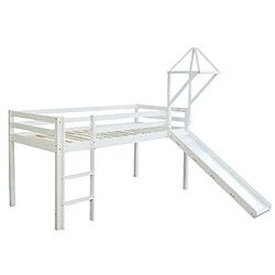 Decoshop26 Lit mezzanine 90x200cm avec échelle toboggan en bois blanc et toile rose incluse LIT06107