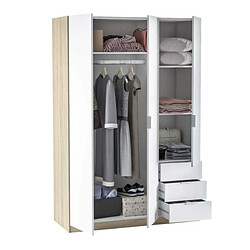 Avis Dansmamaison Armoire 3 portes 3 tiroirs Blanc/Chêne clair - TAKAROS