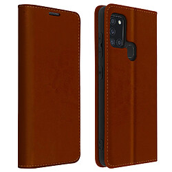 Avizar Étui Samsung Galaxy A21s Folio Cuir Véritable Porte cartes Support Vidéo Marron