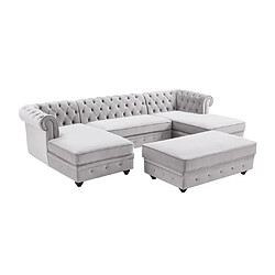 Vente-Unique Canapé d'angle panoramique et pouf en velours gris clair CHESTERFIELD