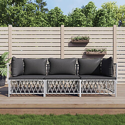 vidaXL Salon de jardin avec coussins 3 pcs blanc acier