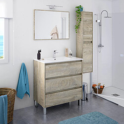 Avis Pegane Meuble de salle de bain avec 3 Tiroirs + Miroir coloris alaska chêne nordic - longueur 80 cm x Hauteur 86 cm x Profondeur 45 cm