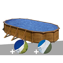 Kit piscine acier aspect bois Gré Pacific ovale 7,44 x 3,99 x 1,22 m + Bâche à bulles + Tapis de sol