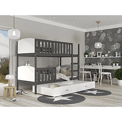 Kids Literie Lit Superposé Tomy 90x190 Gris - blanc Livré avec sommiers, tiroir et matelas en mousse de 7cm