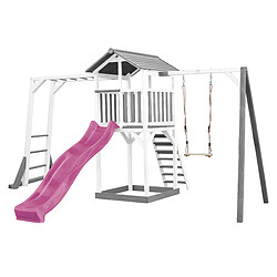 AXI Beach Tower Aire de Jeux avec Toboggan en Violet, Cadre d'escalade, Balançoire & Bac à Sable | Grande Maison Enfant extérieur en Gris & BLANC | Cabane de Jeu en Bois FSC