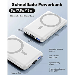 SANAG Batterie Externe Magsafe, Power Bank 10000Mah, Magnétique Sans Fil Charge Rapide Pd 22.5 W Avec Écran Led Usb-C Magsafe Batterie Pour Iphone 16/15/14/13/12/Pro/Pro (Blanc)