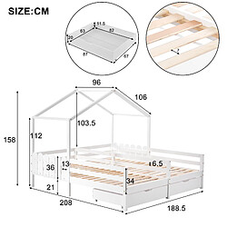 KOMHTOM Lit Cabane Double - 200 X 90 cm - Avec Tiroirs Sur Roulettes Et Sommier À Lattes En Pin - Blanc pas cher