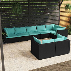 vidaXL Salon de jardin 8 pcs avec coussins noir résine tressée