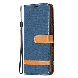 Etui en PU Tissu de jeans de couleurs assorties avec dragonne bleu foncé pour votre Samsung Galaxy A22 5G (EU Version)