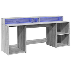 Helloshop26 Bureau table poste de travail meuble d'ordinateur informatique étude et lumières LED sonoma 200 x 55 x 91 cm bois ingénierie gris 02_0023811