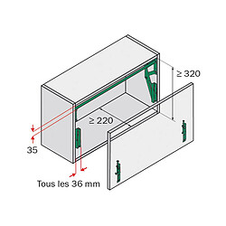 Avis Ferrure extensible pour porte relevable - Largeur intérieure réglable de : 561 à 870 - Poids du vantail : Maxi 5kg - Pour caisson de largeur : 600 à 900 - KESSEBOHMER