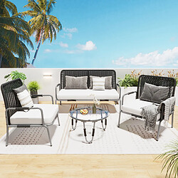 KOMHTOM Ensemble de canapés de meubles de jardin pour 4 personnes avec fauteuils, table basse et coussins , gris + blanc