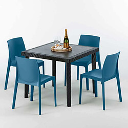 Avis Table Carrée Noire 90x90cm Avec 4 Chaises Colorées Grand Soleil Set Extérieur Bar Café Rome Passion, Couleur: Bleu