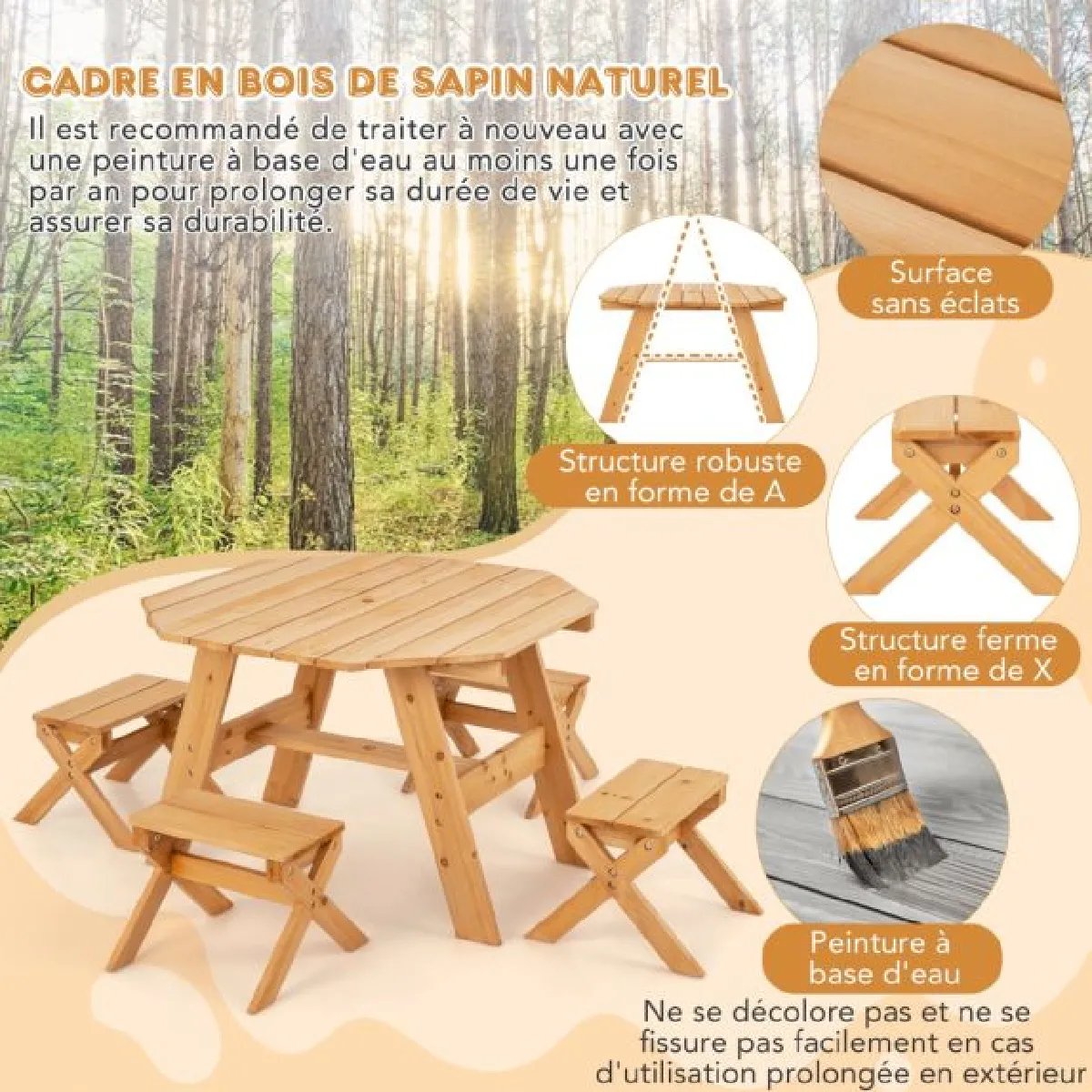 Avis Helloshop26 Ensemble de table et tabourets pour enfants de 3 ans et plus table de pique-nique en bois parasol pliable et hauteur réglable naturel 20_0008501