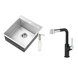 Auralum MAX Évier Cuisine 1Bac Argent,44*49*20 CM,avec Distributeur Savon,Inox+Robinet de Cuisine Inox Extractible Rotatif à 360°