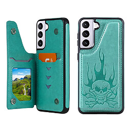 Coque en TPU + PU crâne imprimé, hybride avec béquille et porte-carte vert pour votre Samsung Galaxy S21 5G