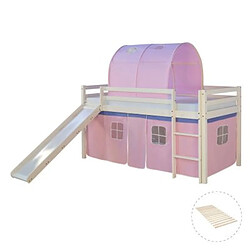 Homestyle4U Lit mi-hauteur avec rideaux et tunnel rose