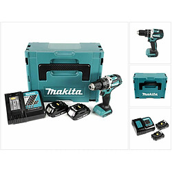 Makita DHP 484 RYJ 18V Brushless Li-Ion Perceuse visseuse à percussion sans fil avec boîtier Makpac + 2x Batteries BL 1820 2,0 Ah Chargeur DC18RC