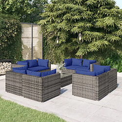 vidaXL Salon de jardin 9 pcs avec coussins Résine tressée Gris