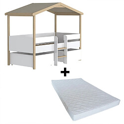 Le Quai Des Affaires Lit cabane PILOTI 90x190 + 2 tiroirs + 1 sommier + 1 matelas IRIS / Blanc et naturel