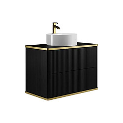 Acheter Vente-Unique Meuble de salle de bain suspendu strié liseré doré avec vasque à poser ronde - Noir - 80 cm - KELIZA