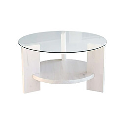 Toilinux Table basse ronde 1 étagère Auréline en verre et bois - Transparent et Blanc