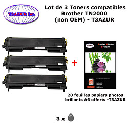 3 Toners compatibles TN2000, TN2005 pour imprimante Brother DCP 7010, 7010L, 7020, 7025+ 20f A6 brillants - T3AZUR