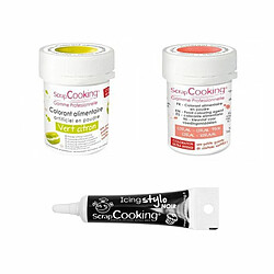 Scrapcooking 2 colorants alimentaires vert citron-corail + Stylo glaçage noir