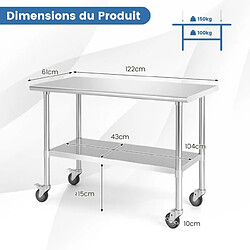 Acheter Helloshop26 Table plan de travail cuisine à roulettes en acier inoxydable à 2 niveaux avec étagère inférieure réglable charge max 250 kg 20_0007439