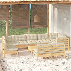 Maison Chic Salon de jardin 10 pcs avec coussins | Ensemble de Table et chaises | Mobilier d'Extérieur crème bois de pin massif -GKD70712