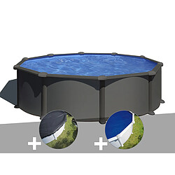 Kit piscine acier gris anthracite Gré Juni ronde 3,70 x 1,32 m + Bâche d'hivernage + Bâche à bulles