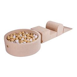 MeowBaby Aire de Jeux en Mousse avec Piscine a Balles, 3 éléments, 200 Balles, Velour, Ecru : Beige/Blanc