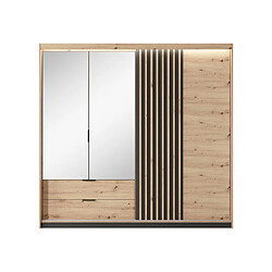 Avis Vente-Unique Armoire 3 portes et 2 tiroirs - Miroir et LEDs - L220 cm - Coloris : Naturel et noir - ARIADA